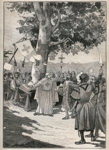 The Erable of Tons in Switzerland, at the foot of which the Abbe of Dissentis, the Counts of Saxony and Werdenberg and the Baron of Razuns swore in 1424 the Upper League or League of Graubünden, which prepared Helvetic independence. Engraving from 1885 in