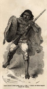 The Game, or Brave Has Three Hair, Abyssinian Gun Soldier. Engraving to illustrate the voyage in Abyssinia, in 1862 by Guillaume Lejean, in Le tour du monde, nouveau journal des voyages published under the direction of Edouard Charton by Unknown artist