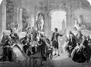 The German poet Johann Wolfgang Goethe at the Court of Margrave Frederic of Baden. Engraving after the painting by Federico Pecht by Unknown artist