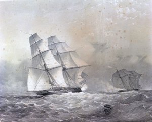 The HMS Acorn brigantine of 16 guns chasing the Negrier Gabriel