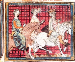 The King of the Franks Chilperic I and Fredegonde on a horse. Miniature from 
