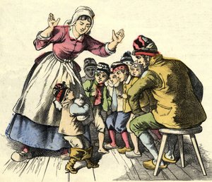 The Little Poulet and his brothers go home to his parents. Illustration of the tale 