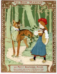 The Little Red Riding Hood meets the wolf - Bon Marché advertising label