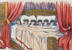 The Little Thumb and his brothers sleep, crown on his head. Illustration for 
