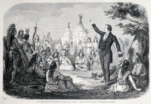 The Mormon Prophet Joseph Smith Preaching to the Indians (North America). 19th Century Illustration by Unknown artist