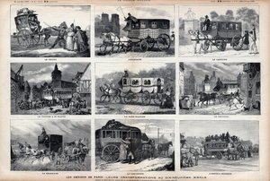 The Omnibus of Paris: their transformations in the 19th century: the cuckoo - the Scottish - the Carolina - the car has 60 seats - the white lady - the tricycle - the Bearnaise - the Parisian - the modern omnibus by Unknown artist