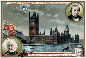 The Palace of Westminster, or Parliament of London (England), with Portraits of William Ewart Gladstone (1809-1898) and Benjamin Disraeli, Lord Beaconsfield (1804-1881) - Liebig Chromolithography by Unknown artist