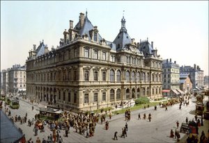 The Palais de la Bourse in Lyon. Photochrome around 1890