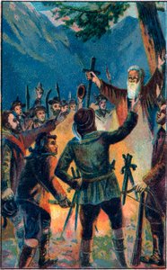 The Rutlischwur - legendary oath of the Old Swiss Confederacy. The three Swiss confederates swearing allegiance to Ruetli. Chromolithography of the end of the 19th century