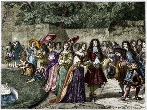 The Sun King (Louis XIV in the gardens of Versailles surrounds his courtyard). Engraving of the 19th century. by Unknown artist