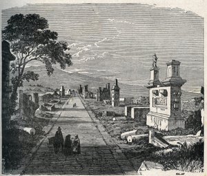 The ancient Appian route, via Appia crossing the Pontine Marshes (Agro Pontino) near Rome. Engraving of the 19th century.