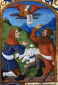 The angel announces to the shepherds the birth of Jesus. 15th century manuscript. Biblioteca Nazionale Braidense, Milan