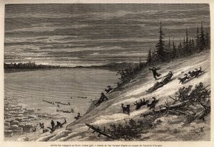 The arrival of passengers by dog sledding at the Yukon River (extreme northern Canada) completely freezes. Engraving to illustrate the voyage and adventures in English Colombia, Vancouver Island and Alaska, by Frederick Whymper by Unknown artist