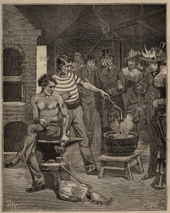 The art of glass: experience of batavic tears. Drops of molten glass are dropped into a cold water bath, which freeze in the form of tears. Engraving from 1885 in 
