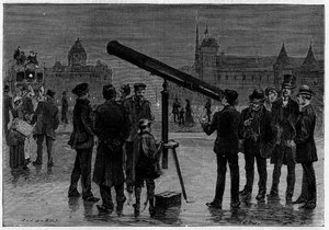 The astronomer and his astronomical bezel on the Place du Chatelet, in Paris, at the time of the observations of the planet Venus, in February 1889. Engraving in La Nature. Revue des sciences et de ses applications aux arts et a l