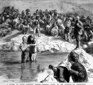 The baptism in North America of an Indian by a Mormon posing in front of the camera as the apostles of Christianity. Illustration of the 19th century