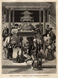 The baptism of the Buddha, an annual feast that takes place on the 8th day of the 4th month, devotees water the bronze statue of the Buddha exposed for the occasion in front of the temples. Engraving to illustrate the journey to Japan, by Aime Humbert, min by Unknown artist