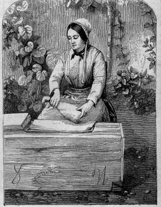 The bottling of Champagne wine. Engraving from 1864 by Unknown artist