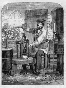 The bottling of Champagne wine. Engraving from 1864