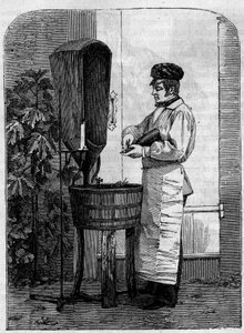The bottling of Champagne wine. Engraving from 1864