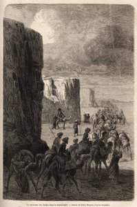 The caravan of the Hajis in Korantaghi, Persia. Drawing by Emile Bayard, to illustrate the journey to Central Asia, in 1863, by Arminius Vambery. Engraving in 