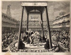 The circus of wrestlers, who wait for their turn to fight, takes place in the arena under the wooden cage; all around, the crowd of spectators and betters watch the fights with passion. Engraving to illustrate the journey to Japan, by Aime Humbert, ministe by Unknown artist