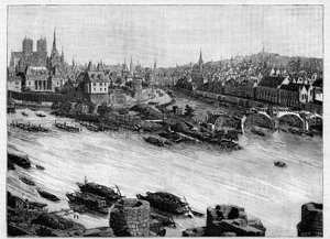 The construction of the Pont Neuf in Paris passing through the Square du Vert-Galant at the end of the Île de la Cité. The first works in 1578. Engraving in 