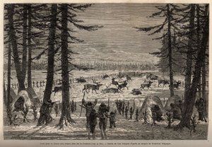 The coral for reindeer hunting in the Co-Yukon (co-Yukon or co-Youkouk) (Indian tribe of extreme northern Canada). Engraving to illustrate the voyage and adventures in English Colombia, Vancouver Island and Alaska, by Frederick Whymper