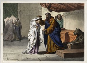 The coronation of Esther: Persian king Assuerus I (Xerxes I) crowns his wife Esther. Anonymous engraving of the 19th century by Unknown artist