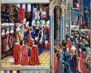 The Coronation of King Saint Louis (Louis IX) on 29/11/1226 in the Cathedral of Reims from the Book of Facts Monsignor Saint Louis by Unknown artist