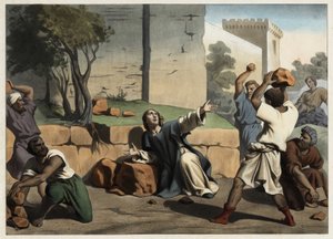 The death of Saint Stephen: Saint Stephen stoned by the Jews is considered the first Christian martyr (Anonymous engraving from the middle of the 19th century)