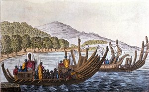 The department of Polynesians for the Pacific aboard double-hull canoes. Lithograph from the beginning of the 19th century