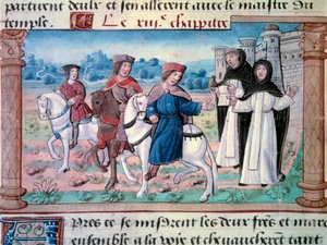 The departures of brothers Nicolo and Matteo Polo, father and uncle of young Marco Polo with the young man around 1271. Miniature taken from The Book of Wonders (Devisement du monde, Il Milione) by Marco Polo