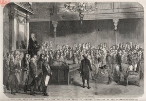 The duke of Wellington (Arthur Wellesley (1769-1852)) stands at the bar of the House of Commons to receive the congratulations of the Speaker on his victory at Vimeiro, Peninsular War