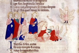 The entrance of Christ to Jerusalem. 14th century miniature