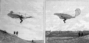 The flying aircraft of Otto Lilienthal (1848-1896), German aeronautics pioneer, in two different positions (from an instant photograph). Engraving in 