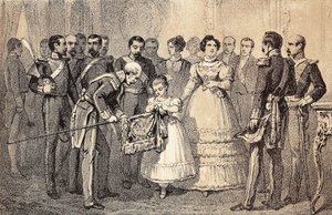 The future Queen of Spain Isabella II decorating the flag of the Spears of the Guard of the Order of Saint Ferdinand