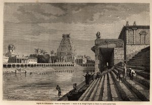 The ghaut or sacred pond of the Chillambaran Pagoda, located on the Gulf of Bengal, near Pondichery (Pondicherry) (India); some fideles descend the monumental staircase to take a bath or perform cleansing ablutions. Engraving to illustrate an expedition to by Unknown artist
