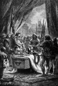 The governor placed the keys of Chateauneuf de Randon on the coffin of Bertrand Du Guesclin, a Breton man of war and a French patriot against the English. Engraving of the 19th century by Unknown artist