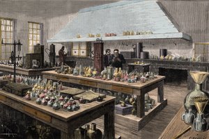 The great laboratory of Louis Pasteur (1822-1895), French chemist and biologist, at the Ecole normale superieure - Louis Pasteur in his laboratory at the Ecole normale superieure - Engraving by Meyer 1884