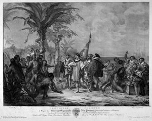 The landing of Christopher Columbus in San Salvador (Bahamas) on 12/10/1492. Engraving of the 19th century by Unknown artist