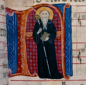 The letter A with a depiction of St. Benedict: f.70r of an Antiphonary