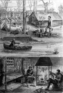 The life of trappers (professional hunters) in Canada: at the top, one of the trappers stands near his cabin, at the bottom, they work leather and extract the fur from the skin of the beets. Engraving of the 19th century by Unknown artist