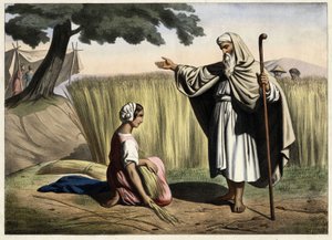 The meeting of Ruth and Boaz (Booz), grandparents of the King of Israel David (1000-972 BC). Anonymous engraving from the middle of the 19th century. by Unknown artist