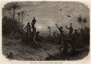 The moonlight ball, which closes the 18 year anniversary ceremony and the wedding of a young Indian man from Rio Verde (Brazil). Engraving to illustrate the voyage to New Granada, by Dr. Saffray, in 1869, published in “Le tour du monde” 1873, edited by Edo