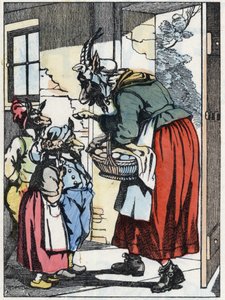 The mother goat leaves for the walk and warns her biquets. Illustration of the tale 