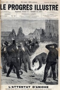 The murderer Clement Decoux is the victim of his attempted attack on Emile Vuillemin, director of the mines of Aniche, celebrating the day of 4 August 1895, his fiftieth anniversary at the head of coal production (engraving in 