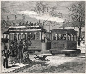 The New Steam Trams in Paris in 1876 Running on the Line of Saint-Germain-des-Prés at the Door of Chatillon, Engraving Bianchetti Collection by Unknown artist