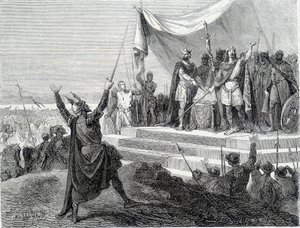 The oath of the two brothers before their armour: Charles II the Bald and Louis II the Germanic take the oath against Lothaire I (Oaths of Strasbourg 842). Engraving of the 19th century. by Unknown artist