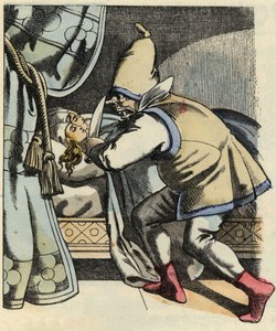 The ogre cuts the head of his seven daughters thinking of killing the Little Poulet and his brothers. Illustration of the tale 